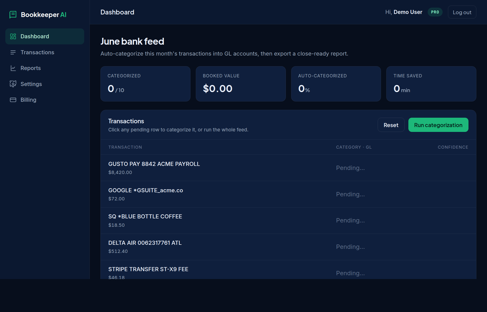 Bookkeeper AI dashboard