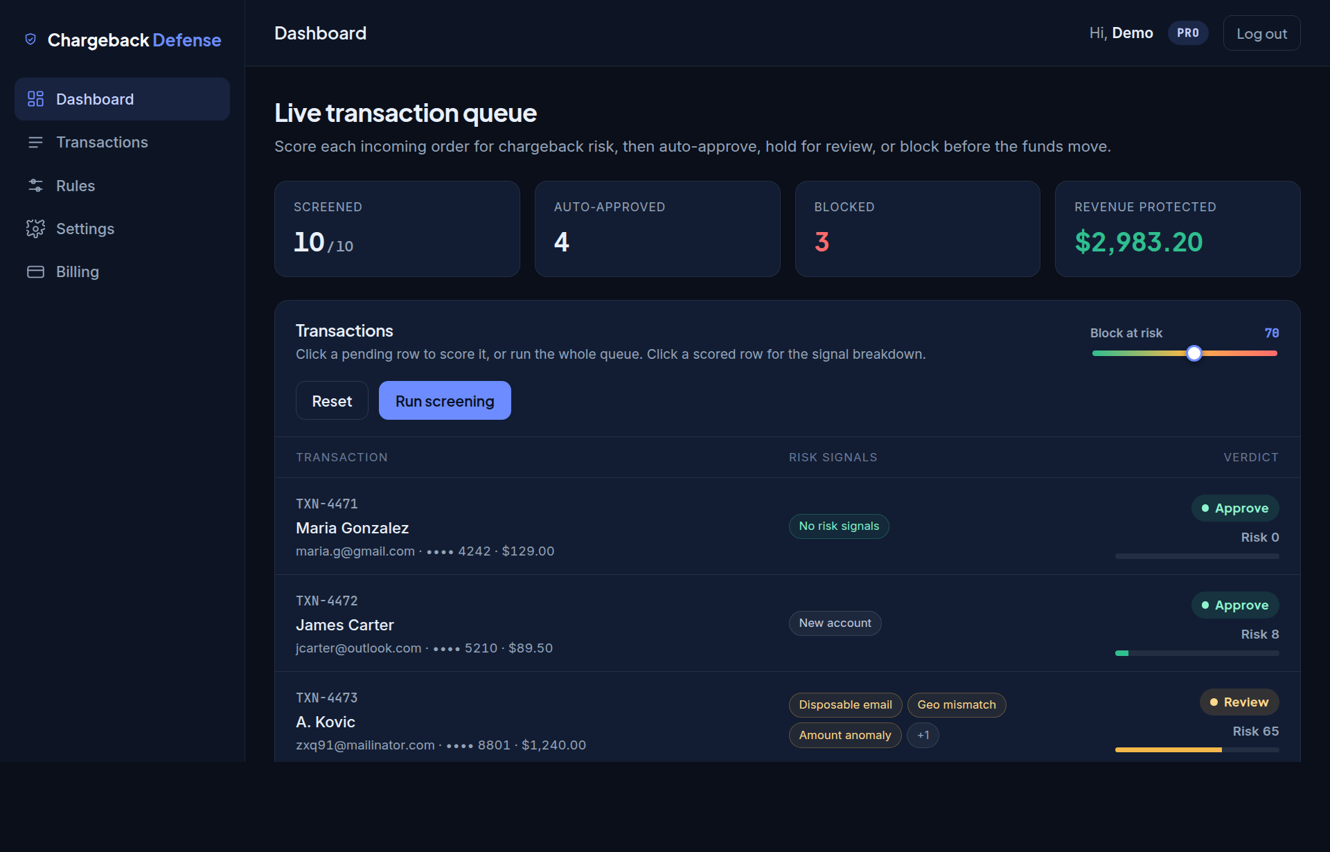 Chargeback Defense dashboard