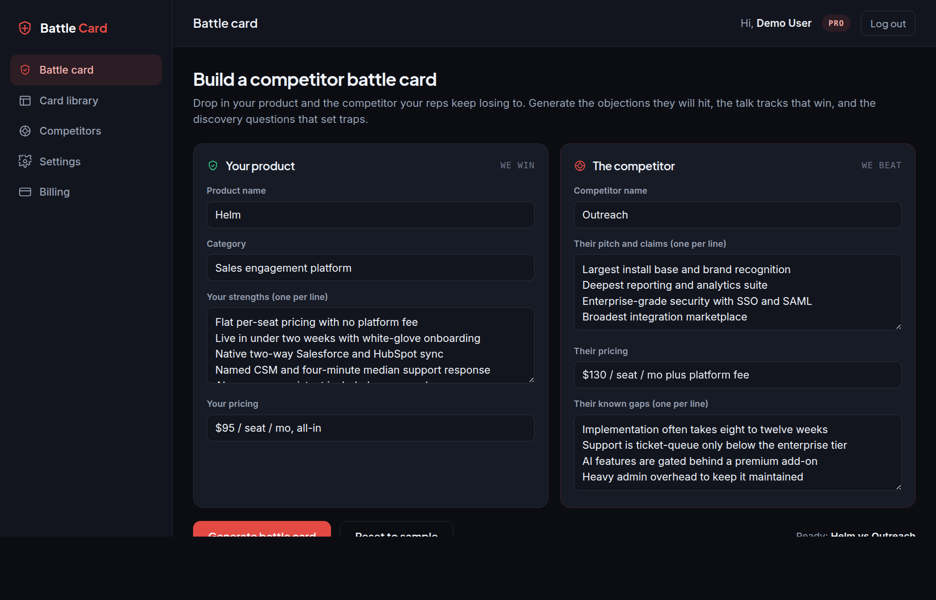 Competitor Battle Card Generator dashboard