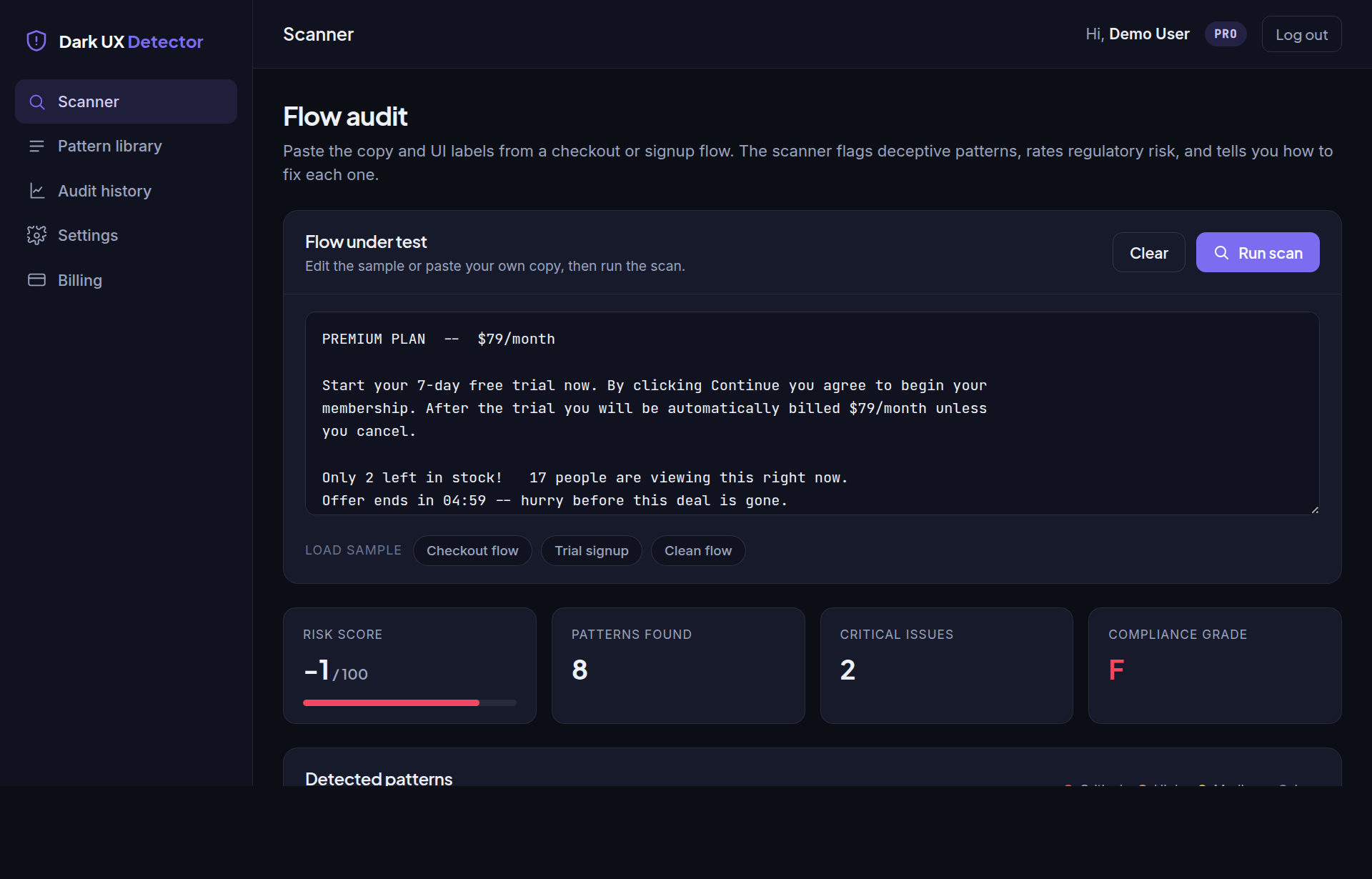 Dark UX Pattern Detector · dashboard
