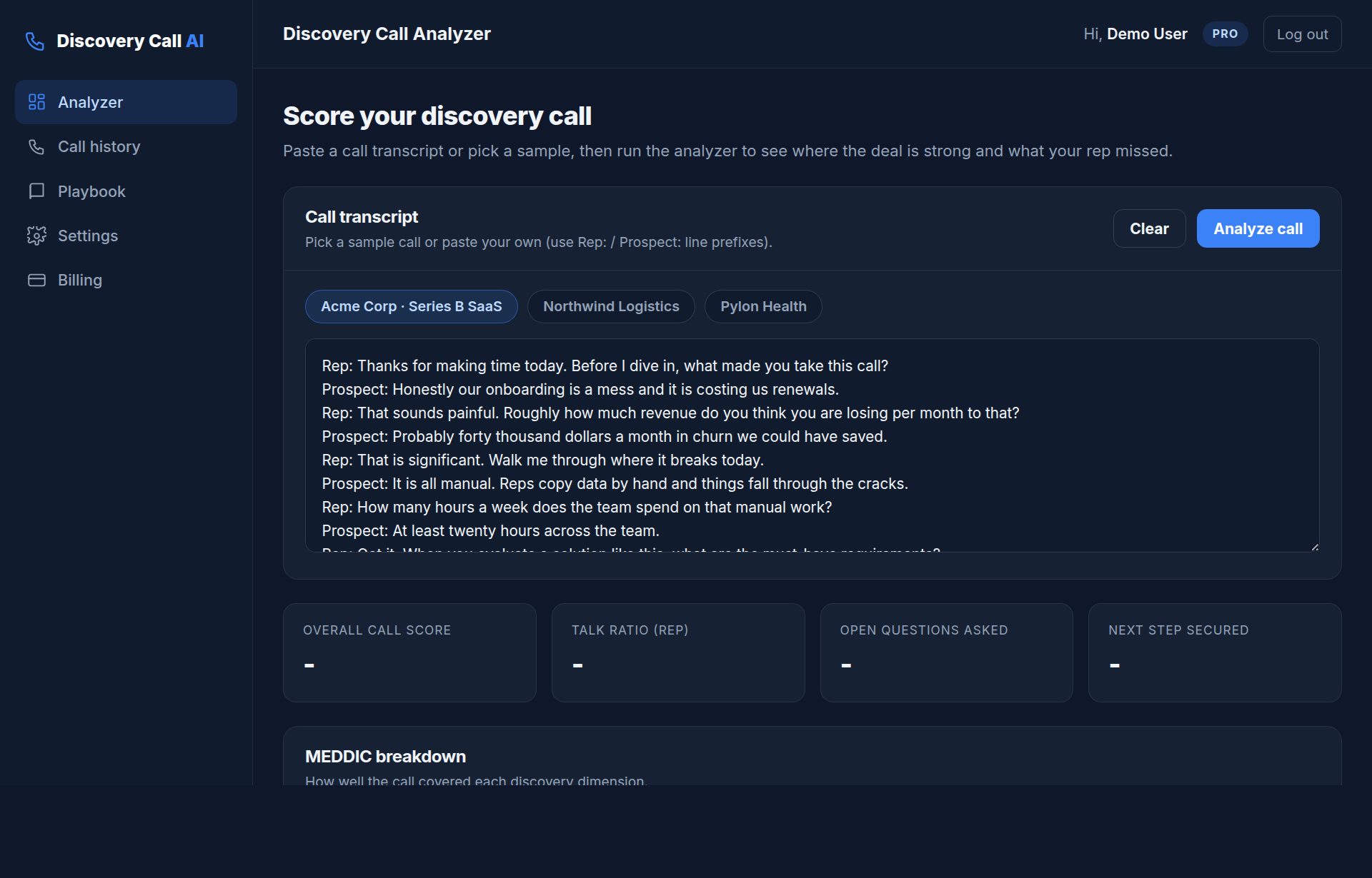 Discovery Call AI dashboard