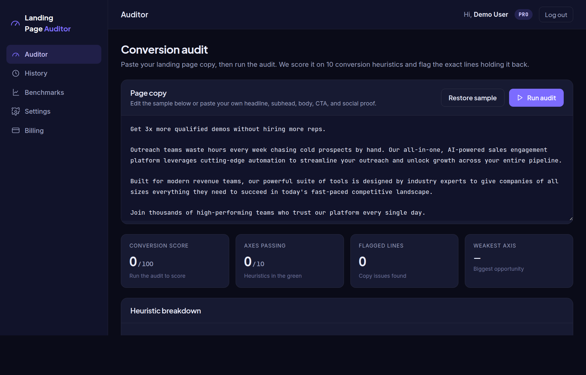 Landing Page Auditor · dashboard