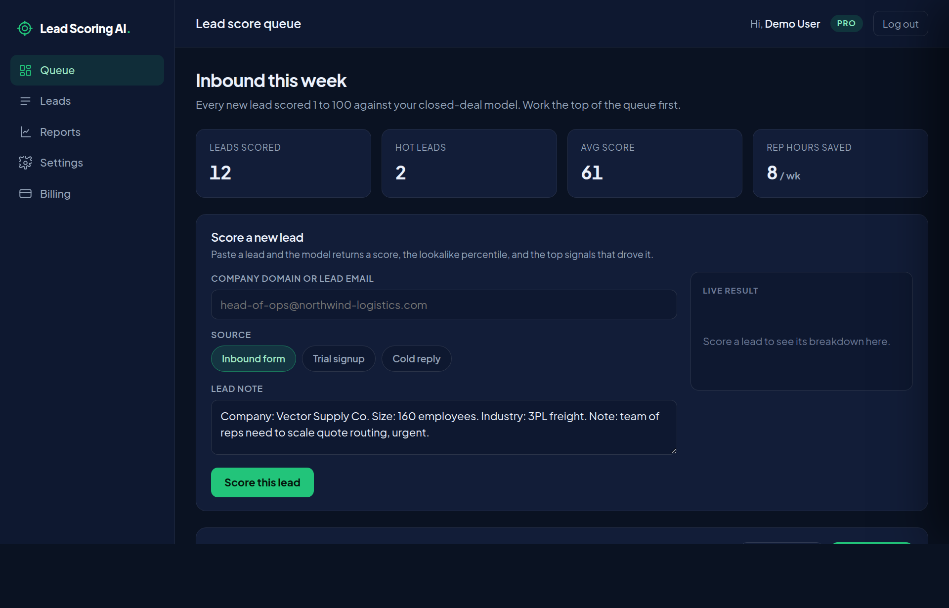 Lead Scoring AI dashboard