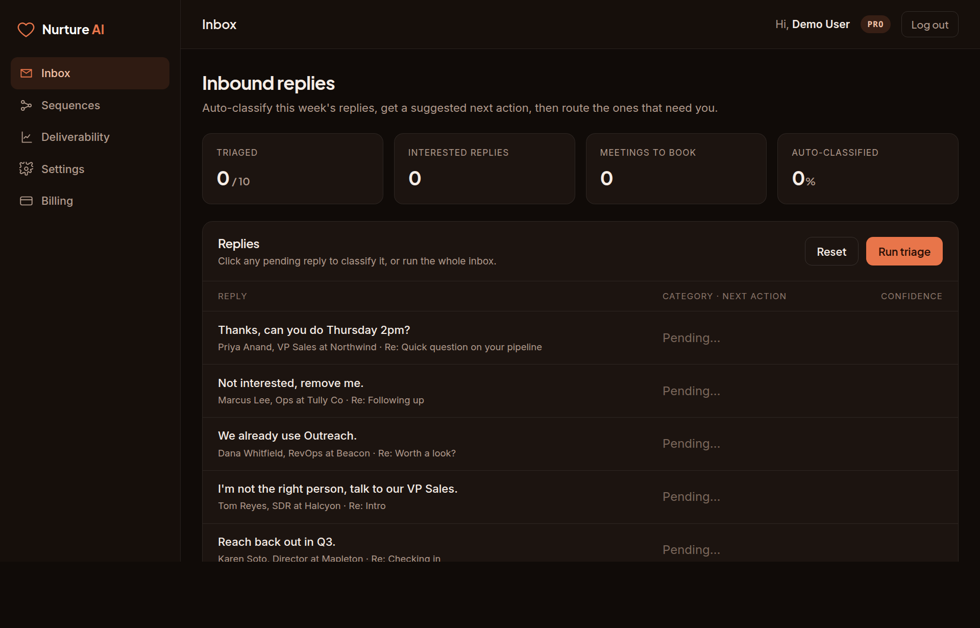 Nurture AI product dashboard screenshot