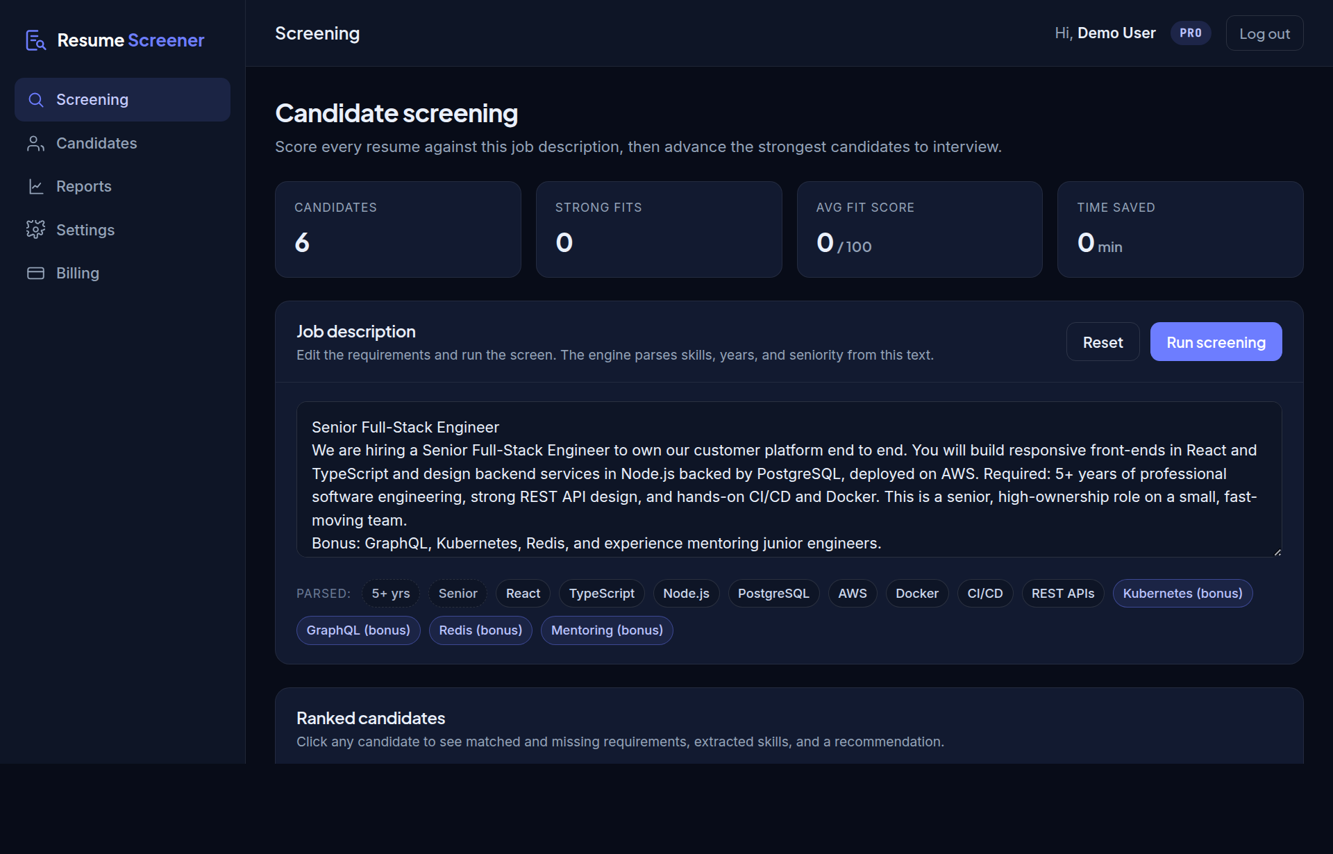 Resume Screener dashboard